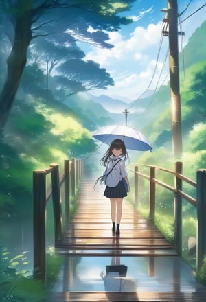 Anime illustration. Profile of a Japanese schoolgirl, donning her iconic uniform and holding a transparent umbrella. She gracefully walks across a wooden bridge, with the reflection of her steps visible on the wet ground below. The background is a lush, mystical forest with towering trees and a soft, ethereal glow. The overall atmosphere is serene and enchanting, capturing the essence of a magical, rainy day in Japan. Dreamyvibes Artstyle