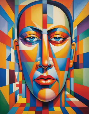 Abstract cubism painting of a muilticolored, giant face inside a ultra modernistic living room, Abstract cubism idiot. Art by Georgy Kurasov