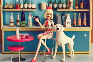 Action figure toy of a blonde female with bob haircut, smoking, wearing Mary Quant dress, grey tights flat shoes. Background is the toy box with label "Patxi", pack of cigarettes , big dog white retriever, accessory and bottles of beer, sitting next to a round table bar