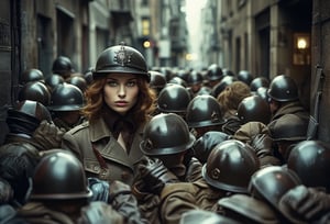 Fine art photo, glamour shot, Woman with Chestnut hairstyle, Gloves, inside a Trench, badge, Stahlhelm, crowded street, stylized, Light, epic atmosphere, theatrical, 