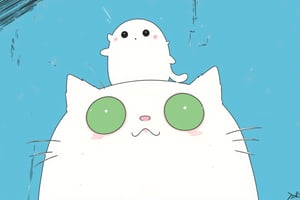 lyh_niji, anime. A white cat with green eyes and a funny expression, with a white ghost standing on its head.  Background is a blue wall. This comic-style illustration is in the style of Herge and Hayao Miyazaki,