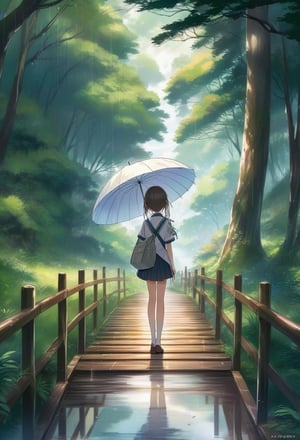 Anime illustration of a Japanese schoolgirl, backview, donning her iconic uniform and holding a transparent umbrella. She gracefully walks across a wooden bridge, with the reflection of her steps visible on the wet ground below. The background is a lush, mystical forest with towering trees and a soft, ethereal glow. The overall atmosphere is serene and enchanting, capturing the essence of a magical, rainy day in Japan. Dreamyvibes Artstyle