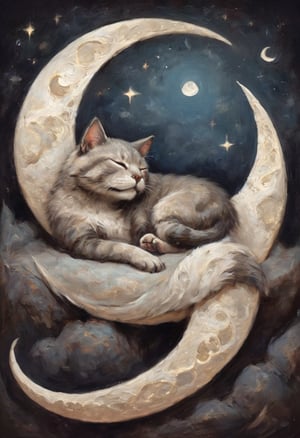 Fantasy painting of a cat sleeping on a crescent moon, night scene