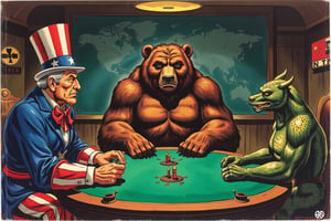 1950s pulp art style. Create a satirical and symbolic illustration titled 'Nuclear Poker,' featuring Uncle Sam, a large bear (representing Russia), and a dragon (representing China) seated around a poker table. They are engaged in an intense game, with miniature missiles in the center of the table as their stakes. Uncle Sam is on the leftwearing his iconic red, white, and blue outfit, the bear sits in the midle, hulking and serious. The dragon is on the right, poised and watchful. The setting is a dark, moody room, with a world map or nuclear warning signs subtly placed in the background. The overall tone should blend humor, symbolism, and geopolitical commentary,