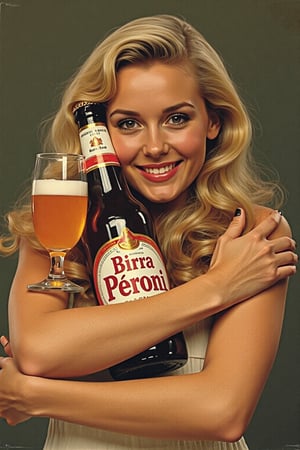 A vintage 1960s beer advertisement featuring a blonde woman hugging a bottle of Birra Peroni beer while holding a glass of the beer inher hand. The woman has her arms crossed and is looking at the camera with a smile on her face. The beer bottle is brown with a white label and a gold cap.