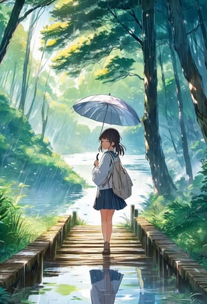 Anime illustration of a Japanese schoolgirl holding a transparent umbrella. She gracefully walks across a wooden bridge, with the reflection of her steps visible on the wet ground below. The background is a lush, mystical forest with towering trees and a soft, ethereal glow. Style by Makoto Shinkai. Dreamyvibes Artstyle
