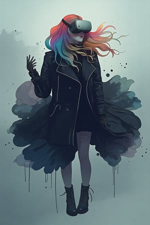 Dreamy art. Overhead shot of a Woman in Black Cyberpunk leather jacket and boots, VR Headset, with her right hand reaching out toward viewer, She has rainbow color hair. surrounded by a misty color palette of translucent blues, pale grays, and ethereal silvers, contrasting with hints of faded lavender and soft ghost green, incorporating indie fashion with flowing, otherworldly fabrics and vintage lace details.