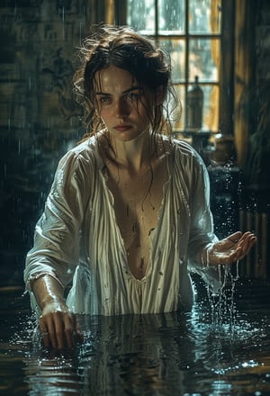 Closeup photo of Lady Macbeth wearing a medieval night gown,  disheveled hair, washing her hands in a dirty pool of water, stylized, Light, epic atmosphere, theatrical, 