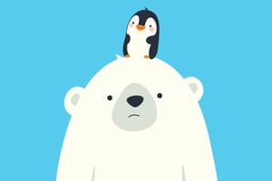 Anime style. A polar bear with  a funny expression, with a baby pinguin standing on its head, on a blue background. This comic-style illustration is in the style of Herge and Hayao Miyazaki,anime,lyh