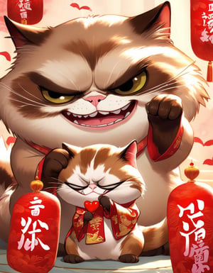 Anime artwork. Grumpy Cat in New Year Costume giving card to a Chinese Dragon.  Card says "Be my valentine"