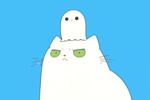 lyh_niji, anime. A white cat with green eyes and a funny expression, with a white ghost standing on its head, on a blue background. This comic-style illustration is in the style of Herge and Hayao Miyazaki,