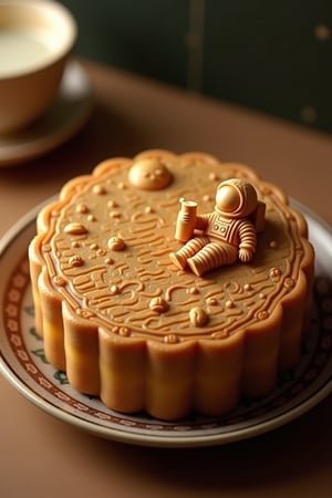 Design a whimsical and detailed photo of a mooncake featuring an intricate imprint of an astronaut drinking beer while sitting on the surface of the moon. The mooncake itself has a golden-brown, glossy crust, and its surface is embossed with the astronaut scene, showing the astronaut in a spacesuit, holding a beer bottle, and gazing at Earth in the distance. The background of the scene includes small craters and stars. The mooncake sits on a traditional plate, with soft lighting highlighting the detailed imprint and the texture of the pastry. The overall tone is playful yet elegant, blending the traditional look of a mooncake with a fun, modern twist.