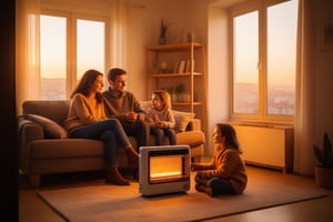 Advertising photo.  A family enjoying their afternoon together in the living room with a gas heater.  Lisbon city in the winter outside of the window.  Golden hour.