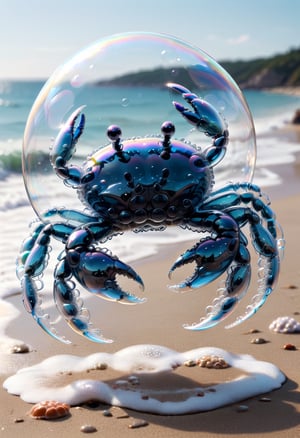 photorealistic fully transparent unusual crab completely made of soap bubbles, highly detailed, on the beach in front of the ocean, perfectly renderedLora: Aether_Bubbles_And_Foam_v1_SDXL_LoRA", "weight": 0.62