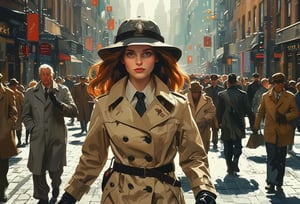Woman with Chestnut hairstyle, Gloves, trench coat, badge, Stahlhelm, walking in crowded street, stylized, Light, epic atmosphere, theatrical, 
