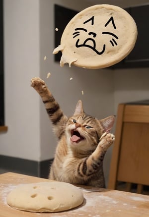 Photo doodle, an Italian cat, crying, tossing a large disc shaped raw dough into the air