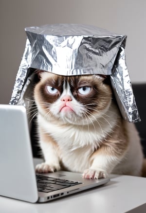 Photo of Grumpy Cat wearing a tin foil hat, looking at a laptop screen.