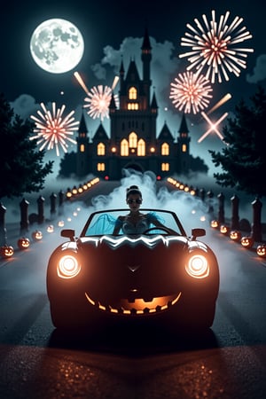 dark horror photography of Cinderella driving pumpkin-shaped car as she heads to the ball. Cinderella, dressed in her sparkling blue gown, wears cool aviator sunglasses, adding a modern and edgy twist to her classic look. The car is round and shaped like a giant pumpkin. In the background, a majestic castle stands illuminated under the night sky, with bright fireworks bursting above it. The road leading to the castle is lined with glowing pumpkins, adding a magical touch. The vibe is a mix of fairytale magic and modern cool. Soft moonlight, vibrant fireworks, modern fairytale aesthetic, whimsical yet stylish.  smoke and gas spirit rising up. horror scary glowing,AHaunted,