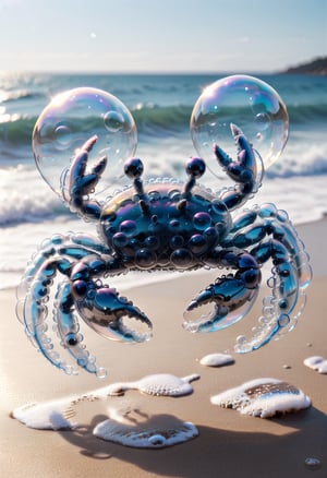 Photo of a transparent  crab made of soap bubbles, walking on beach, ocean waves in the background, highly detailed, 