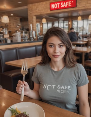 award winning photo, beautiful woman at a restaurant, holding a sign that says "NOT SAFE FORK WORK"