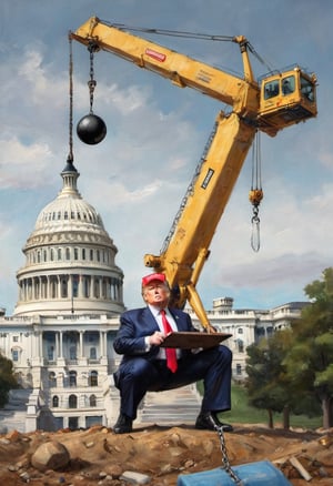 Donald Trump operating a wrecking ball crane at Capitol Hill