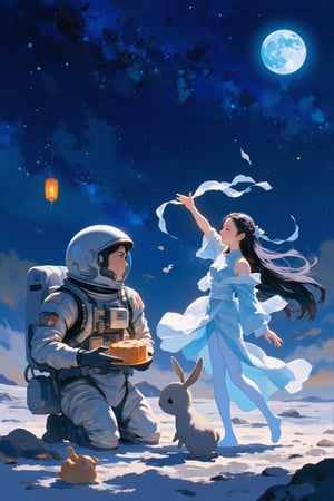 Oil painting. Anime style by J.C. Leyndecker. lyn. iam. ando. An astronaut celebrating the Moon Festival on the surface of the moon with Chang'e, the moon goddess, and the Jade Rabbit. The astronaut is in a modern spacesuit, holding a mooncake, while Chang'e stands beside him, wearing traditional, flowing robes with a soft, glowing aura. The Jade Rabbit hops playfully around them. They are surrounded by a serene lunar landscape, with Earth glowing in the starry sky behind them. A small floating lantern adds to the festive atmosphere. The overall scene blends elements of Chinese mythology with a futuristic space setting.