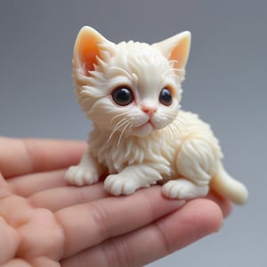 Profile of a wax sculpture of a tiny cute chibi kitten, looking up, melting
