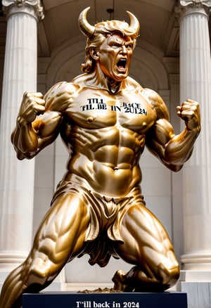 Photo of Golden Statue of Trump as a raging bull, holding sign "I'll be back in 2024", art by Rodin, text logo,text logo