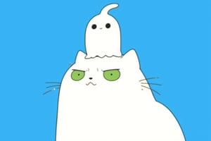 lyh_niji, anime. A white cat with green eyes and a funny expression, with a white ghost standing on its head, on a blue background. This comic-style illustration is in the style of Herge and Hayao Miyazaki,