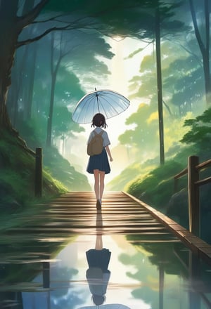 Anime illustration. Profile side view of a Japanese schoolgirl holding a transparent umbrella. She gracefully walks across a wooden bridge, with the reflection of her steps visible on the wet ground below. The background is a lush, mystical forest with towering trees and a soft, ethereal glow. Style by Makoto Shinkai. Dreamyvibes Artstyle