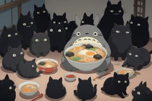 Anime artwork. Totoro eating a bowl of ramen, surrounded by a group of black cats