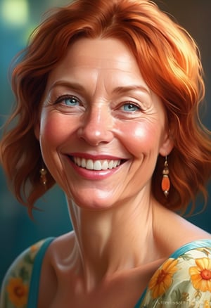 (Medium-wide shot) {Middle-aged female}, wavy red bob, light olive skin, sea-blue eyes, (copper eyeshadow), wearing (sundress with a floral pattern), joyful laugh.
,PORTRAIT PHOTO,
iridescent Eyes, (blush, eye_wrinkles:0.6), (goosebumps:0.5), subsurface scattering, ((skin pores)), detailed skin texture, textured skin, realistic dull skin noise, visible skin detail, skin fuzz, dry skin, hyperdetailed face, sharp picture, sharp detailed, 
analog grainy photo vintage, Rembrandt lighting, ultra focus, illuminated face, detailed face, 8k resolution, painted, dry brush, brush strokes, Razumov style and garmash style, sharp focus, by pascal blanche Rutkowski repin art station, hyperrealism painting concept art of detailed character design