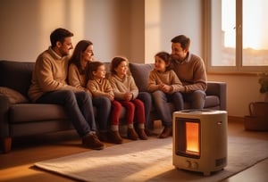 Advertising photo.  A family enjoying their afternoon together in the living room with a gas heater.  Lisbon city in the winter outside of the window.  Golden hour.