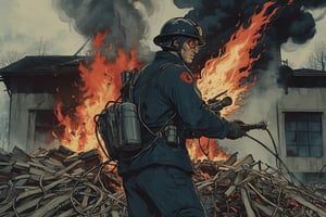 Closeup  of a fireman, Guy Montag from Fahrenheit 451, torching a pile of books with a flamethrower.