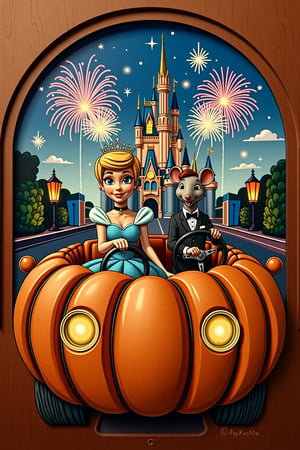 A carved wooden panel featuring a couple driving to the ball in a car shaped like a big, round pumpkin. Cinderella is sitting in the passenger seat on the left, dressed in her sparkling blue gown, and a diamond crown on her short blond hair, adding a modern and edgy twist to her classic look. The driver, a mouse, is sitting on the right, gripping the wheel, determined to get her there on time. In the background, a grand, magical castle stands tall, with vibrant fireworks lighting up the sky. The scene is set at dusk, with soft, warm lighting highlighting the playful, fairytale atmosphere. Dynamic, cartoonish style, bright colors, wide-angle view, cinematic framing,