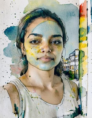 Portrait of a Brazilian woman. watercolor sketch, archdrafting, drafting of building, downtown Rio de Janeiro, pastel colors, straight lines, geometric shapes