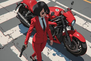 Anime style. Overhead shot of an Asian woman walking away from a futuristic motorcycle parked at a zebra crossing. The woman has bob hair, is smoking. She wear a red business suit, white shirt, black tie, and sunglasses. She holds a gun with a confident grip. The motorcycle itself is red, sleek and metallic, with intricate designs and a futuristic vibe.