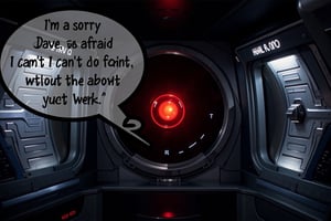 Hal 9000, the iconic AI from 2001: A Space Odyssey, displayed in a futuristic control room. The glowing red eye of Hal is prominently featured at the center of the image, with sleek metallic surroundings. A speech bubble appears next to Hal, with the text "I'm sorry Dave, I'm afraid I can't do that without some buzz." The overall atmosphere is cold, sterile, and eerie, reflecting the tense interaction between Hal and Dave, with a humorous twist in the dialogue. The lighting is minimal, focusing on the red glow from Hal's eye and the reflections on the metallic surfaces.