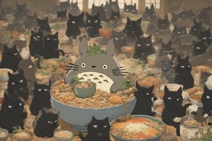 Anime artwork. Totoro eating a bowl of ramen, surrounded by a group of black cats