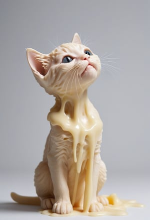 Profile of a kitten made of wax, looking up, melting