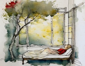 archdrafting, Watercolor Sketch of patterned illumination casting a tree branch shadow. Closeup of a blonde woman, sleeping peacefully in the morning sunlight. The golden rays stream through a window, casting gentle shadows around her face, accentuating her full red lips and soft features