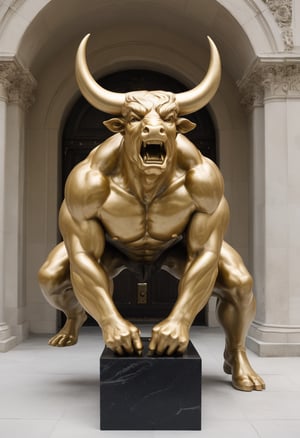 Golden Statue of a ragin bull with the head of Donald Trump by Rodin,sdxl