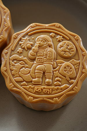 Design a whimsical and detailed photo of a mooncake featuring an intricate imprint of an astronaut drinking beer while sitting on the surface of the moon. The mooncake itself has a golden-brown, glossy crust, and its surface is embossed with the astronaut scene, showing the astronaut in a spacesuit, holding a beer bottle, and gazing at Earth in the distance. The background of the scene includes small craters and stars. The mooncake sits on a traditional plate, with soft lighting highlighting the detailed imprint and the texture of the pastry. The overall tone is playful yet elegant, blending the traditional look of a mooncake with a fun, modern twist.