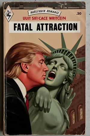 Prompt: a Harlequin romance book cover with the title "FATAL ATTRACTION" featuring Donald Trump kissing the Status of Liberty.  The statue is screaming.,