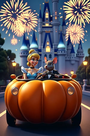 A couple driving to the ball in a car shaped like a big, round pumpkin. Cinderella is sitting in the passenger seat on the left, dressed in her sparkling blue gown, and a diamond crown on her short blond hair, adding a modern and edgy twist to her classic look. The driver, a mouse, is sitting on the right, gripping the wheel, determined to get her there on time. In the background, a grand, magical castle stands tall, with vibrant fireworks lighting up the sky. The scene is set at dusk, with soft, warm lighting highlighting the playful, fairytale atmosphere. Dynamic, cartoonish style, bright colors, wide-angle view, cinematic framing