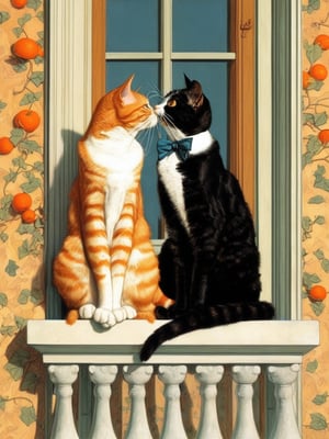 Two cats kissing on a balcony. One cat is an orange tabby. The other cat is black. Parody of Romeo and Juliet.  Art by Norman Rockwell.