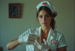 Sexy nurse, putting on rubber gloves, perfect detailed eyes, natural skin, hard shadows, film grain