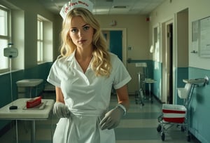 Photo of a blonde model dressed as a sexy nurse, pulling on rubber gloves at a hospital, shadows