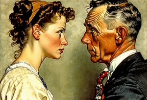 Art by Norman Rockwell. Closeup of a couple staring intensely at each other.