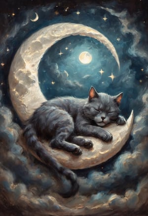 Fantasy painting of a cat sleeping on a crescent moon, night scene